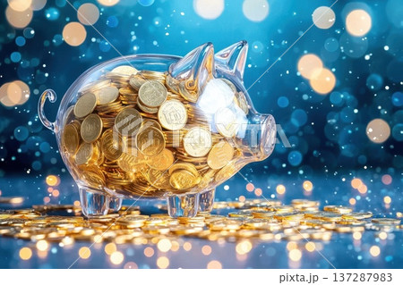 Geometric Abstract Crystal Piggy Bank Filled with Coins and Sparkling Bokeh Geometric Abstract Crystal Piggy Bank Filled with Coins and Sparkling Bokeh 137287983