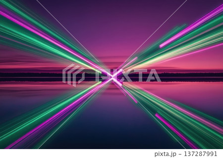 Vibrant Light Beams Reflected Over Calm Water at Dusk Creating a Stunning Natural Display Vibrant Light Beams Reflected Over Calm Water at Dusk Creating a Stunning Natural Display 137287991