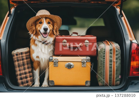Family Adventure: Dog Ready for Summer Road Trip with Luggage in Car Trunk Family Adventure: Dog Ready for Summer Road Trip with Luggage in Car Trunk 137288010