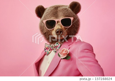 Dapper Bear in Pastel Pink Suit with Sunglasses and Floral Bow Tie in Summer Vibe Dapper Bear in Pastel Pink Suit with Sunglasses and Floral Bow Tie in Summer Vibe 137288024