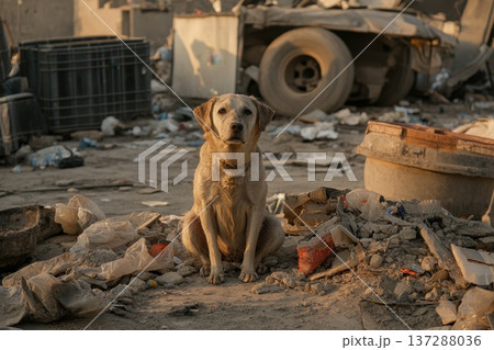 Stray Dog Surrounded by Plastic Debris in Urban Environment Full of Garbage and Waste 137288036