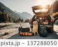 Dog Enjoys Scenic Nature View from Car Trunk with Luggage and Mountains in the Background 137288050