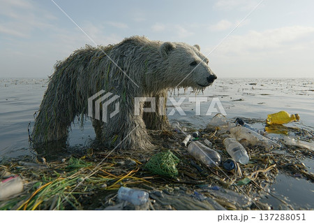 Polar Bear Made of Grass with Trash Pollution in Ocean Environment 137288051