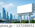 Panoramic View of Empty Clean Advertising Board in Urban Environment with Skyscrapers 137288052