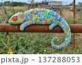 Chameleon with Colorful Skin Camouflaged Among Natural Patchwork of Surroundings 137288053