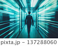 Professional in Dark Suit Walking Through Modern Business Corridor Abstract Motion 137288060
