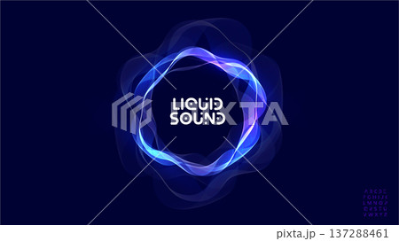 Liquid sound line, audio bass beat waveform, circular wave ring, radial glow equalizer pulse, round soundwave volume with futuristic font logo alphabet for radio dj, edm, podcast. Vector illustration Liquid sound line, audio bass beat waveform, circular wave ring, radial glow equalizer pulse, round soundwave volume with futuristic font logo alphabet for radio dj, edm, podcast. Vector illustration 137288461
