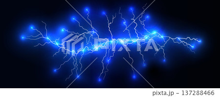 Lightning bolt energy, electric blue discharge background. Esports overlay, charging banner, EV poster, cybersecurity header, sci-fi UI, pitch slide, high-voltage safety graphic. Vector illustration 137288466