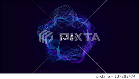 Sound wave music waveform audio bass beat circular wavy rings, radial glow equalizer round pulse, glowing soundwave with modern font logo alphabet for radio dj, edm, podcast. Vector illustration 137288474