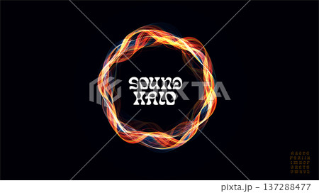 Sound wave music waveform audio bass beat circular wavy orange linear halo rings, radial glow equalizer round pulse with modern font logo alphabet for data, energy, tech, science. Vector illustration 137288477
