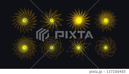 Abstract radial yellow logo set, linear sun icons like atomic explosion, nuclear reactor, energy blast for science, renewable energy, solar power, atomic research, AI tech design. Vector illustration 137288485