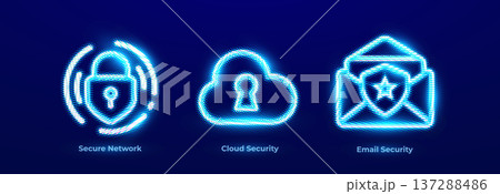 Secure Network Cyber Shield Perimeter Guard Threat Monitoring Icons Set. Cloud Protection Data Privacy Encryption Neon Logo. Email Security Inbox Safety Anti Phishing Spam Filter Vector Illustration 137288486