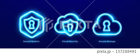 Secure System Network Protection Cyber Defense Icons Set.Cloud Security Data Protection Encryption Neon Logo.Secure Storage Data Security Backup for Digital Business. Vector Illustration Secure System Network Protection Cyber Defense Icons Set.Cloud Security Data Protection Encryption Neon Logo.Secure Storage Data Security Backup for Digital Business. Vector Illustration 137288491
