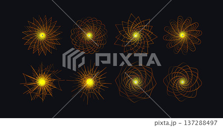 Abstract spirograph guilloche rosettes, spiral orange flowers abstract linear round logo. Modern line logo for spa, hotel, fashion, yoga, tech, science and other branding. Vector illustration Abstract spirograph guilloche rosettes, spiral orange flowers abstract linear round logo. Modern line logo for spa, hotel, fashion, yoga, tech, science and other branding. Vector illustration 137288497