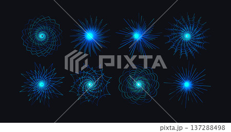 Cyber mandala icon set, blue digital fractal chakra, funnel light. Radial tunnel portal vortex effect. Futuristic tech circular sighs for firework, party, UI, logo, accent design. Vector illustration Cyber mandala icon set, blue digital fractal chakra, funnel light. Radial tunnel portal vortex effect. Futuristic tech circular sighs for firework, party, UI, logo, accent design. Vector illustration 137288498