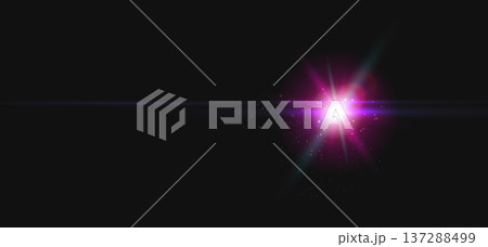 Pink neon lens flare star on black for trailer opener, product launch teaser, EDM DJ party flyer, nightclub poster, sale banner, streaming overlay, VFX asset for motion graphics. Vector illustration 137288499
