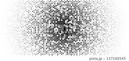 Halftone hexagon honeycomb radial burst, monochrome geometric dots. Modern tech background for landing hero, banner, cover, poster, UI, packaging, presentation, print templates. Vector illustration. 137288545