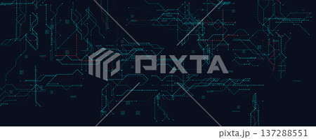 Digital Tech Grid With Blue and Red Lines. Futuristic circuit layout ideal for data, AI, and cybersecurity themes. Glowing dotted paths on dark background. Clean modern design. Vector illustration. Digital Tech Grid With Blue and Red Lines. Futuristic circuit layout ideal for data, AI, and cybersecurity themes. Glowing dotted paths on dark background. Clean modern design. Vector illustration. 137288551