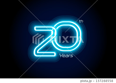 Blue neon number twenty years, 20th anniversary logo on black background. Shiny luminous jubilee sign for celebration emblem of cyber event party, digital startup, gambling icon. Vector illustration. Blue neon number twenty years, 20th anniversary logo on black background. Shiny luminous jubilee sign for celebration emblem of cyber event party, digital startup, gambling icon. Vector illustration. 137288558