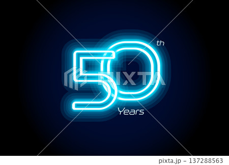 Blue neon number fifty years, 50th anniversary logo on black background. Shiny luminous jubilee sign for celebration emblem of cyber event party, digital startup, gambling icon. Vector illustration. 137288563