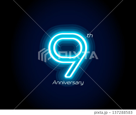 Blue neon number ninth years, 9th anniversary logo on black background. Shiny luminous jubilee sign for celebration emblem of cyber event party, digital startup, gambling icon. Vector illustration. Blue neon number ninth years, 9th anniversary logo on black background. Shiny luminous jubilee sign for celebration emblem of cyber event party, digital startup, gambling icon. Vector illustration. 137288583