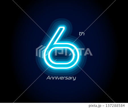 Blue neon number sixth years, 6th anniversary logo on black background. Shiny luminous jubilee sign for celebration emblem of cyber event party, digital startup, gambling icon. Vector illustration. 137288584