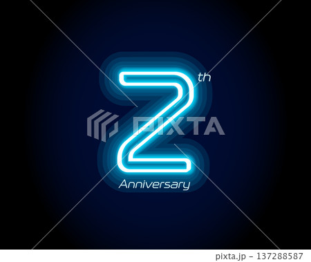 Blue neon number two years, 2 anniversary logo on black background. Shiny luminous jubilee sign for celebration emblem of cyber event party, digital startup, gambling icon. Vector illustration. 137288587