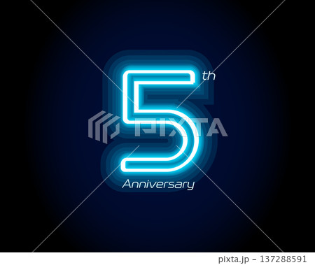 Blue neon number fifth years, 5th anniversary logo on black background. Shiny luminous jubilee sign for celebration emblem of cyber event party, digital startup, gambling icon. Vector illustration. 137288591