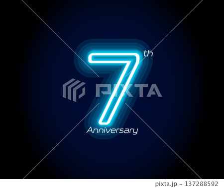 Blue neon number seven years, 7 anniversary logo on black background. Shiny luminous jubilee sign for celebration emblem of cyber event party, digital startup, gambling icon. Vector illustration. 137288592