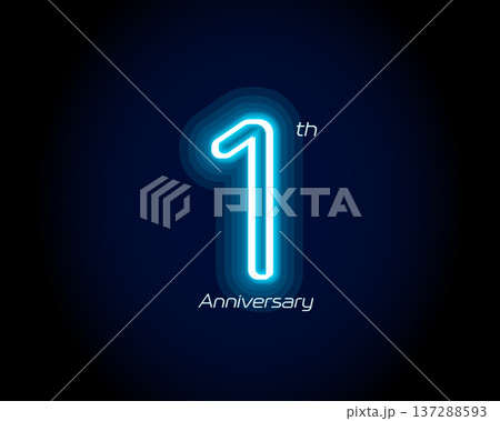 Blue neon number one year, 1 anniversary logo on black background. Shiny luminous jubilee sign for celebration emblem of cyber event party, digital startup, gambling icon. Vector illustration. 137288593
