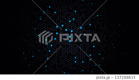 Blue tech fintech background, dark hexagon honeycomb grid with glowing cyan cells, shimmer particles pattern. Hexagon snake skin, innovate material texture for sport and tech brand. Vector backdrop 137288615
