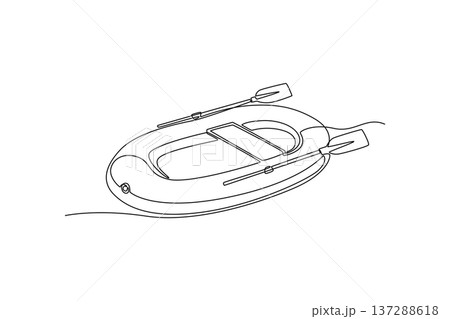 Continuous one line drawing inflatable rescue boat with oars floating on water or sea. Simple form and emergency equipment used for aquatic safety. Single line draw design vector graphic illustration 137288618