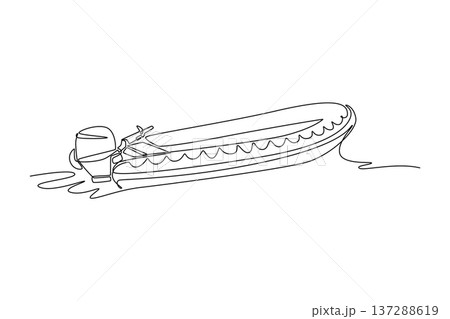 Continuous one line drawing specialized rescue boat with outboard motor speeding across water. Aerodynamic hull and ripples by the emergency vessel. Single line draw design vector graphic illustration 137288619