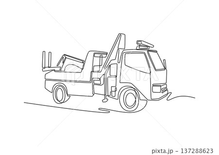 Single continuous line drawing tow truck or recovery vehicle. Crane mechanism, flatbed structure used for clearing roads, rescuing stranded vehicles. one line draw graphic design vector illustration 137288623