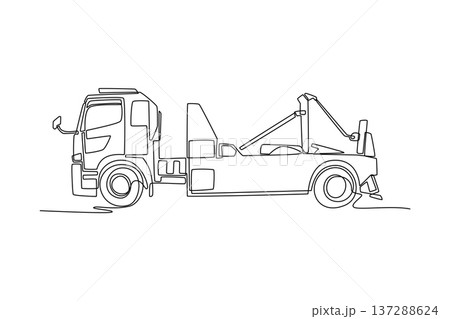 Single continuous line drawing professional heavy-duty tow truck viewed from the side. Commercial recovery vehicle used for towing and roadside rescue. One line draw graphic design vector illustration 137288624