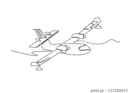 Single one line drawing specialized seaplane or amphibious aircraft, capable landing on water for remote rescue operation. Wing-mounted engines. continuous line draw design graphic vector illustration Single one line drawing specialized seaplane or amphibious aircraft, capable landing on water for remote rescue operation. Wing-mounted engines. continuous line draw design graphic vector illustration 137288633
