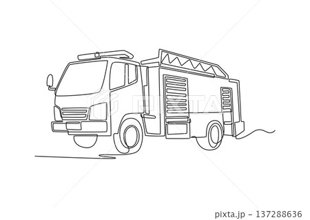 Single one line drawing fire truck with storage compartments and roof equipment. Essential form of this life-saving emergency transport vehicle. Continuous line draw design graphic vector illustration Single one line drawing fire truck with storage compartments and roof equipment. Essential form of this life-saving emergency transport vehicle. Continuous line draw design graphic vector illustration 137288636
