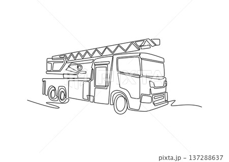 Single one line drawing specialized fire engine with extendable aerial ladder. Protective, urgent nature of emergency response vehicles. Modern continuous line draw design graphic vector illustration 137288637