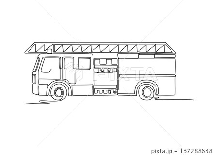 Continuous one line drawing side view of fire engine with long roof ladder. Length of the vehicle and the organized arrangement of storage panels. Single line draw design vector graphic illustration 137288638
