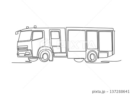 Continuous one line drawing fire engine designed for airport or industrial rescue. Long chassis and integrated equipment locker of response vehicle. Single line draw design vector graphic illustration 137288641