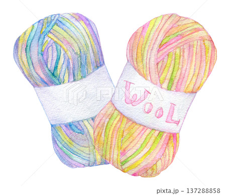 水彩イラスト　手描き　カラフルな毛糸 137288858