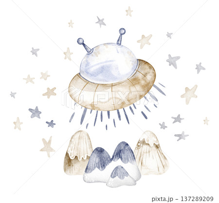 UFO illustration watercolor hand painted cartoon alien spaceship with hovering flight. Space spacecraft drawing isolated with star and mountains. Kids space design for poster, sticker, nursery art. UFO illustration watercolor hand painted cartoon alien spaceship with hovering flight. Space spacecraft drawing isolated with star and mountains. Kids space design for poster, sticker, nursery art. 137289209