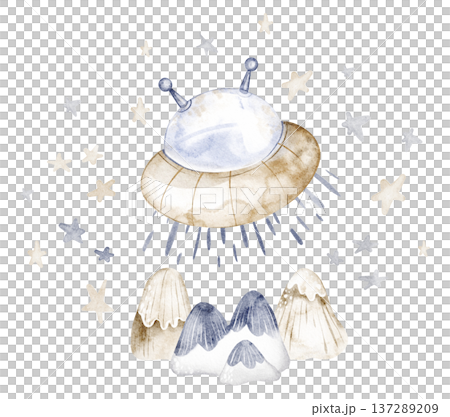 UFO illustration watercolor hand painted cartoon alien spaceship with hovering flight. Space spacecraft drawing isolated with star and mountains. Kids space design for poster, sticker, nursery art. UFO illustration watercolor hand painted cartoon alien spaceship with hovering flight. Space spacecraft drawing isolated with star and mountains. Kids space design for poster, sticker, nursery art. 137289209