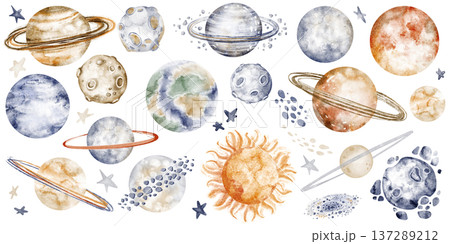 Planets illustration watercolor hand painted collection of planets, comet, meteor, stars. Cosmic elements isolated clipart set with astronomy objects. Design kids decor, nursery wall art, space theme. Planets illustration watercolor hand painted collection of planets, comet, meteor, stars. Cosmic elements isolated clipart set with astronomy objects. Design kids decor, nursery wall art, space theme. 137289212