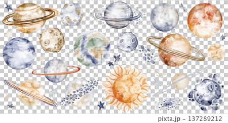 Planets illustration watercolor hand painted collection of planets, comet, meteor, stars. Cosmic elements isolated clipart set with astronomy objects. Design kids decor, nursery wall art, space theme. Planets illustration watercolor hand painted collection of planets, comet, meteor, stars. Cosmic elements isolated clipart set with astronomy objects. Design kids decor, nursery wall art, space theme. 137289212