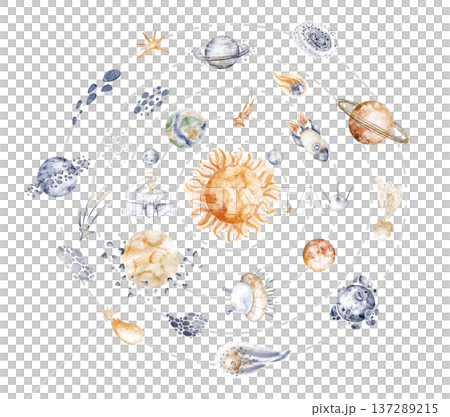 Solar system planets watercolor hand painted illustration with galaxy, stars, sun, earth and orbit. Astronomy design with comet, asteroid, meteor and rocket. Educational poster for kids and school. 137289215