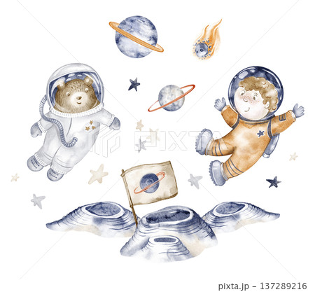 Space astronaut illustration watercolor hand painted. Cartoon galaxy scene with planet, moon, stars, spaceship, cute bear in space suit. Poster, printable wall art for children, kindergarten design. Space astronaut illustration watercolor hand painted. Cartoon galaxy scene with planet, moon, stars, spaceship, cute bear in space suit. Poster, printable wall art for children, kindergarten design. 137289216