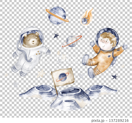 Space astronaut illustration watercolor hand painted. Cartoon galaxy scene with planet, moon, stars, spaceship, cute bear in space suit. Poster, printable wall art for children, kindergarten design. Space astronaut illustration watercolor hand painted. Cartoon galaxy scene with planet, moon, stars, spaceship, cute bear in space suit. Poster, printable wall art for children, kindergarten design. 137289216