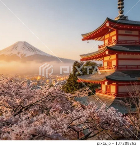 桜越しに望む富士山と五重塔 137289262