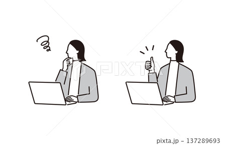 ノートパソコンの前で考える、問題解決する女性ビジネスパーソンの上半身イラスト 137289693